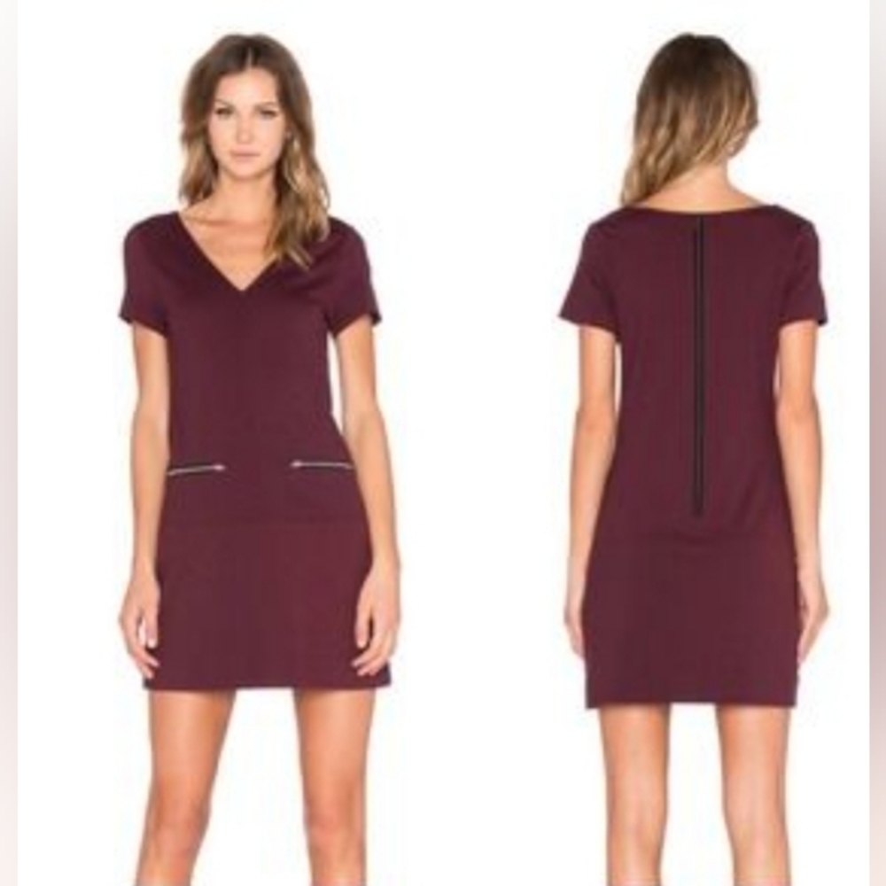 Sanctuary V-Neck Short Sleeve Mini Dress MULBERRY BURGUNDY Zipper Accents Sz S